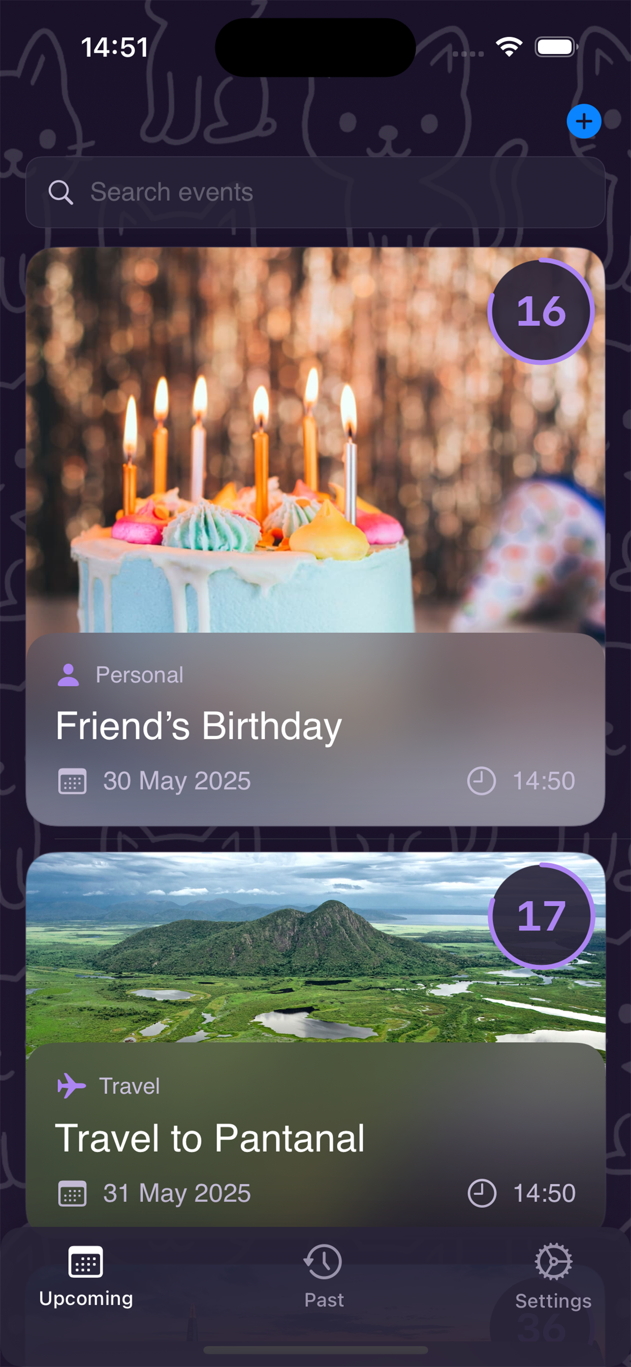 Events Counter app screenshot showing a list of countdowns