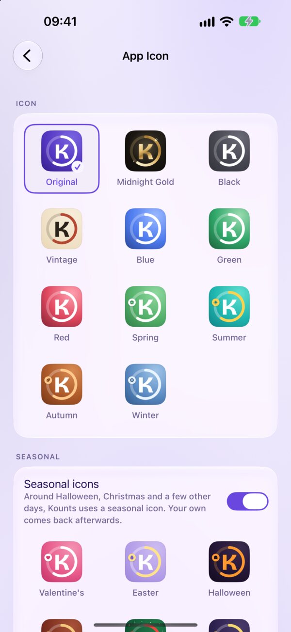 The Kounts App Icon screen with the alternate icons and the Seasonal switch