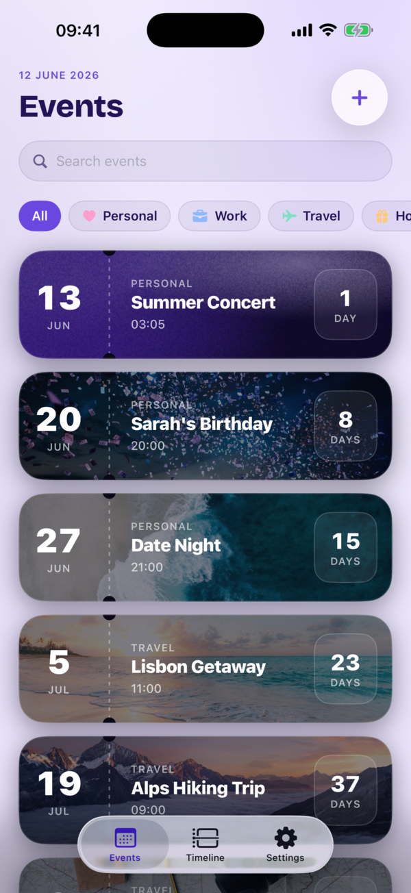 Kounts Events home using the Ticket card style