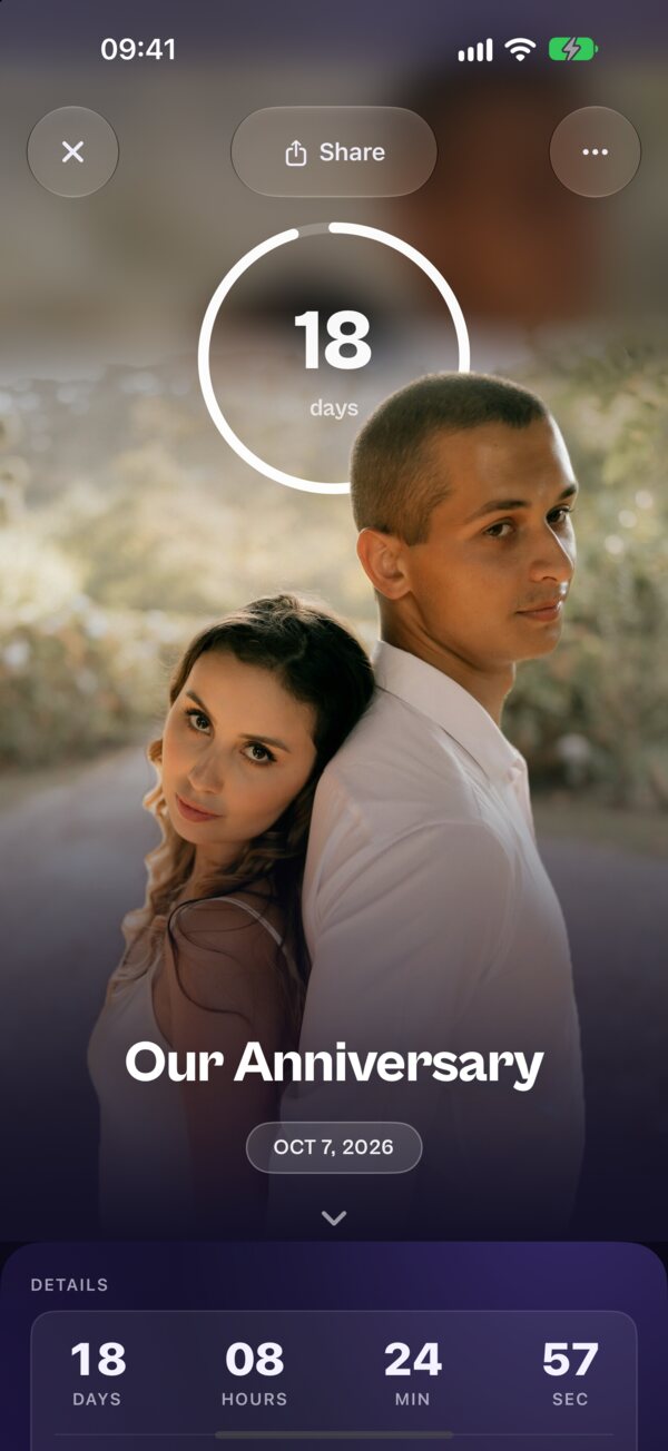 A full-screen Kounts countdown over a couple's photo, the ring tucked behind them
