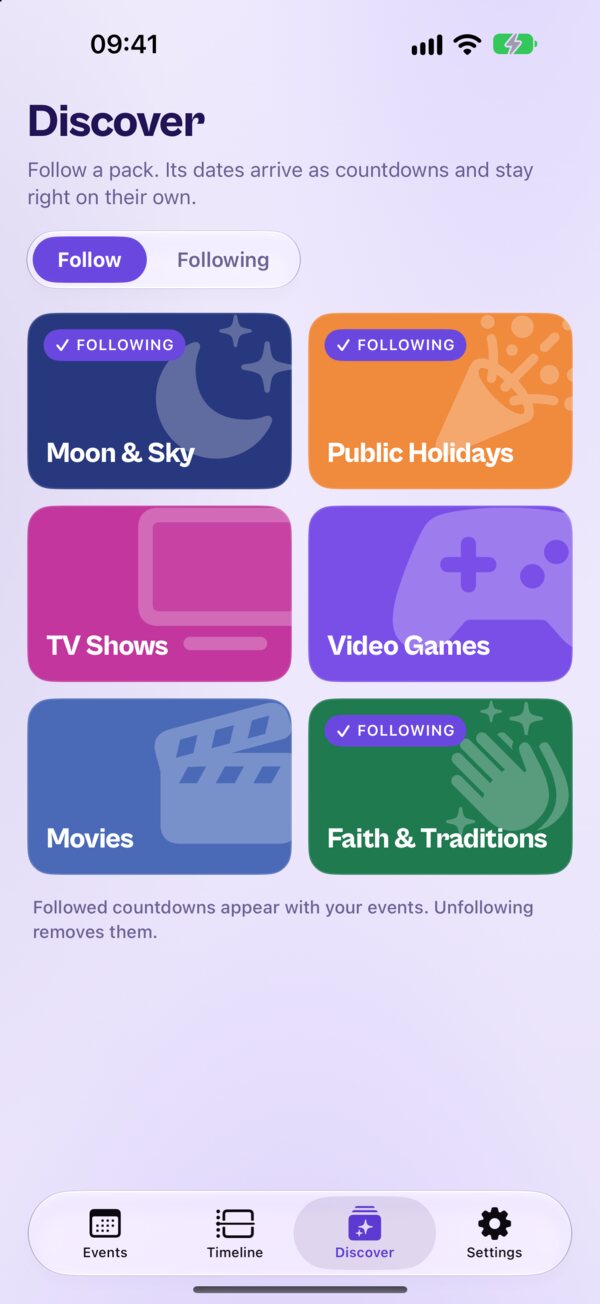 The Kounts Discover tab with its six countdown packs