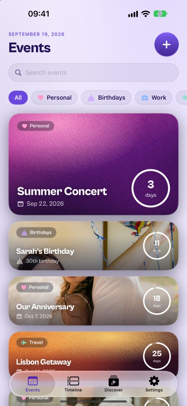 Kounts events list with countdown cards, some with your own photos