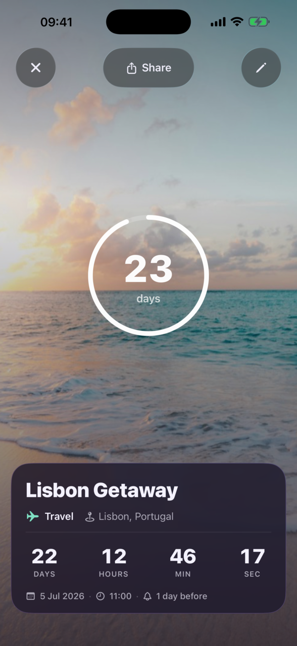 Kounts full-screen countdown showing days, hours, minutes and seconds