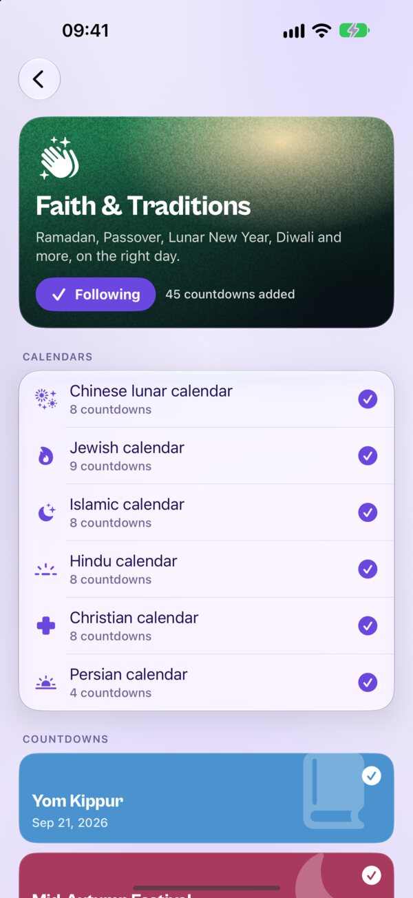 The Faith & Traditions pack in Kounts, with the Chinese lunar, Jewish, Islamic, Hindu, Christian and Persian calendars ticked