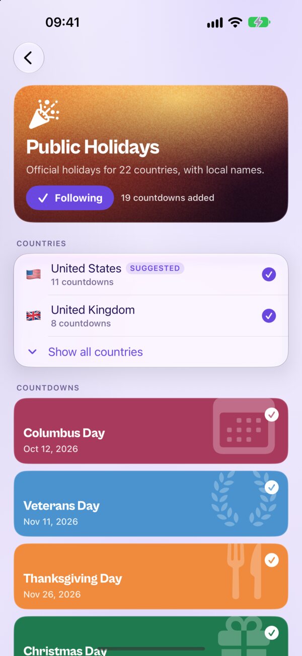 The Public Holidays pack in Kounts, following the United States and the United Kingdom, with Columbus Day and Veterans Day next
