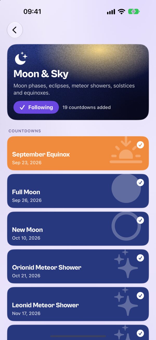 The Moon & Sky pack, listing the next equinox, full moon and meteor showers