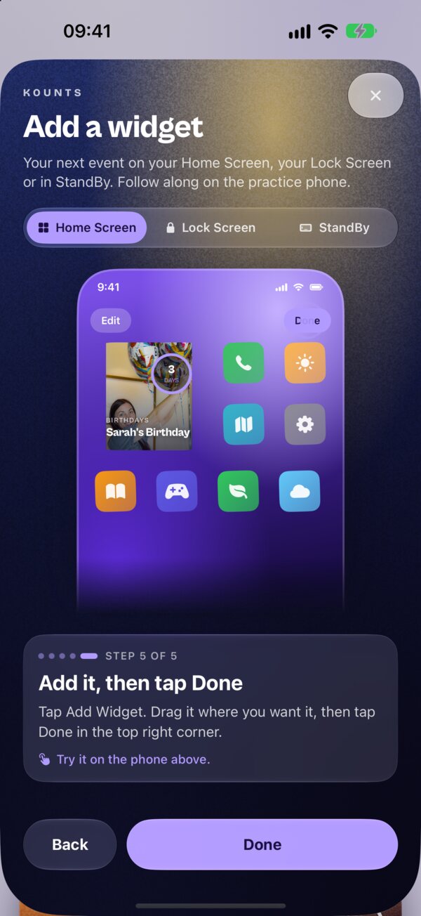 The Add a Widget guide in Kounts, with the widget placed on a practice phone