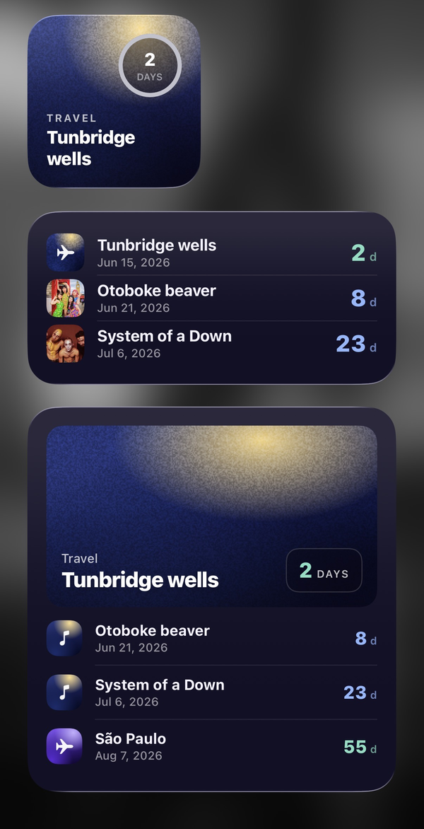 Kounts countdown widgets in small, medium and large sizes on the Home Screen