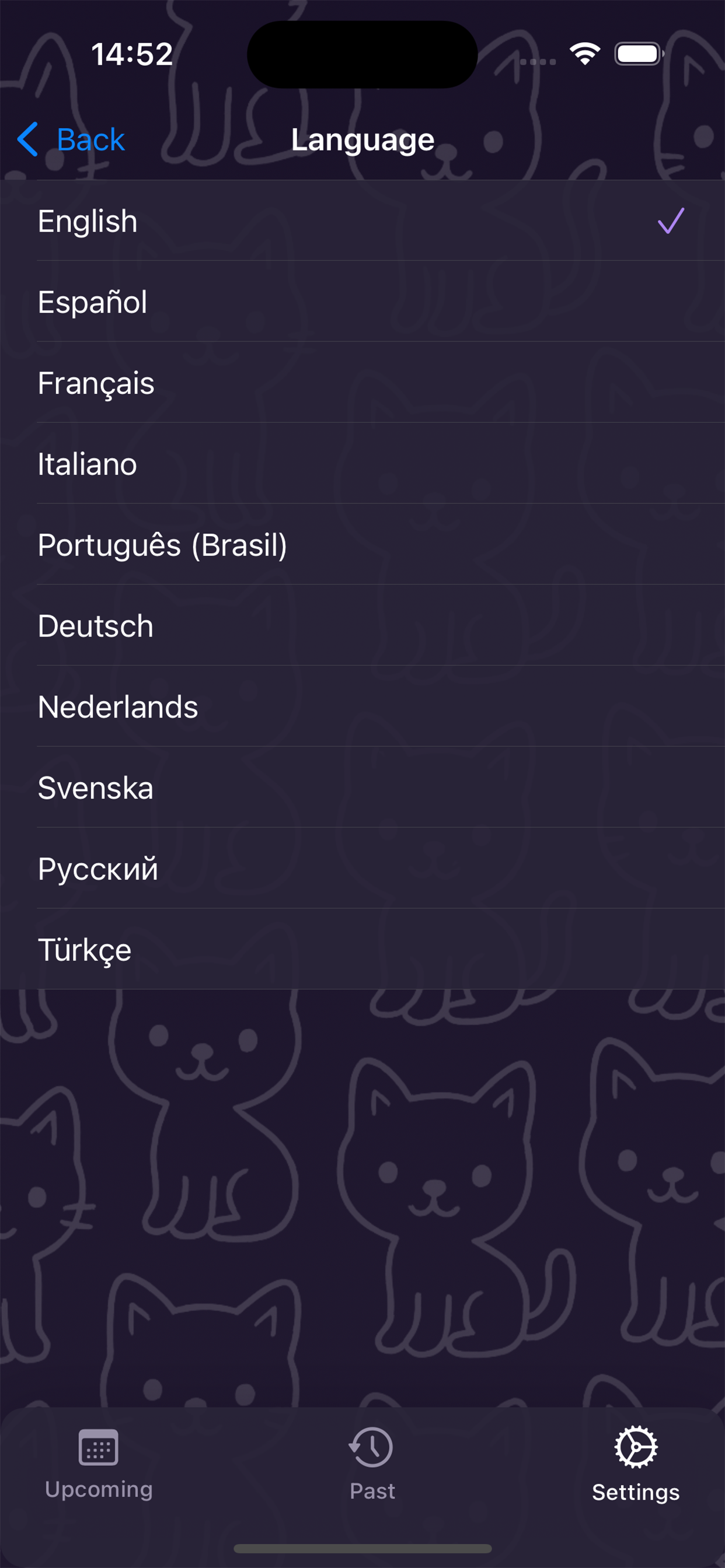 Language settings screen in Kounts Events Counter app